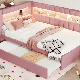 Upholstered Twin Size Platform Bed with Trundle, USB Ports and LED Belt