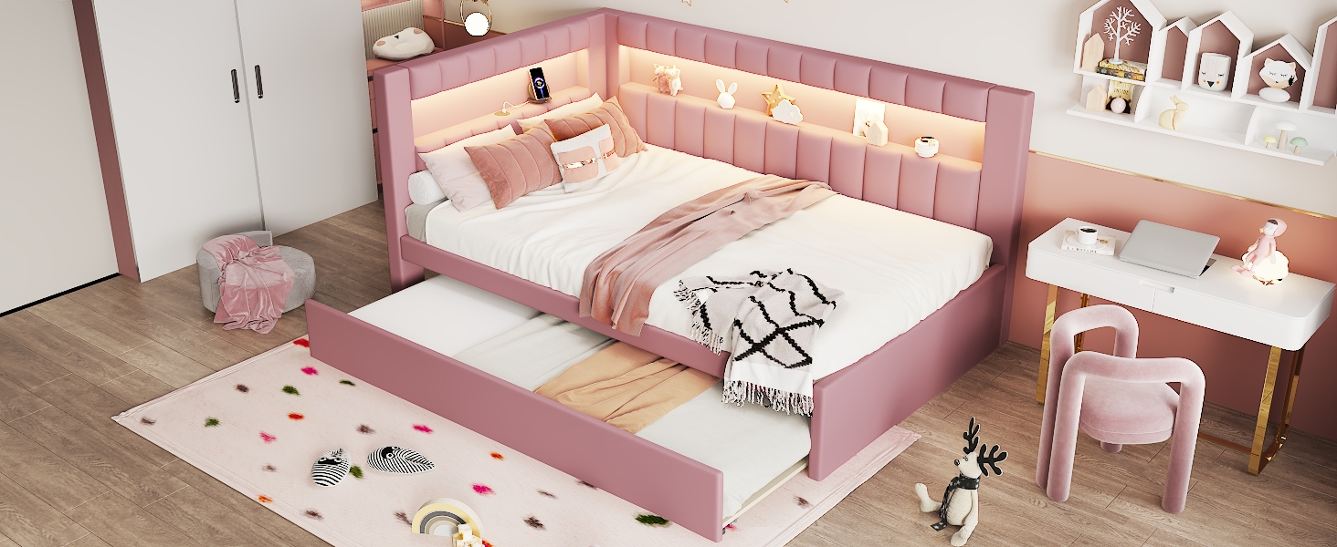 Upholstered Twin Size Platform Bed with Trundle, USB Ports and LED Belt