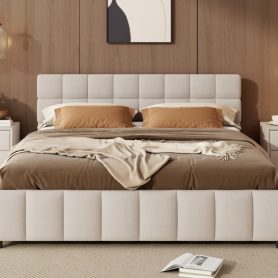 Queen Size Upholstered Platform Bed Frame with 4 Storage Drawers