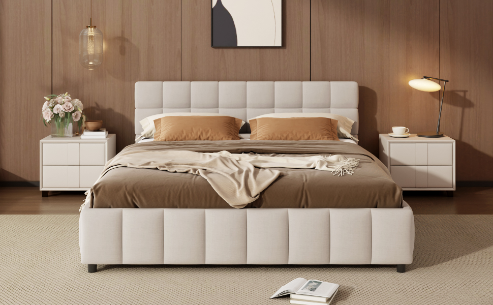 Queen Size Upholstered Platform Bed Frame with 4 Storage Drawers