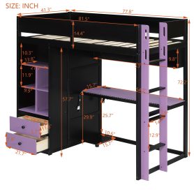 Twin Size Solid Wood Loft Bed with Desk, Storage Cabinet and Wardrobe