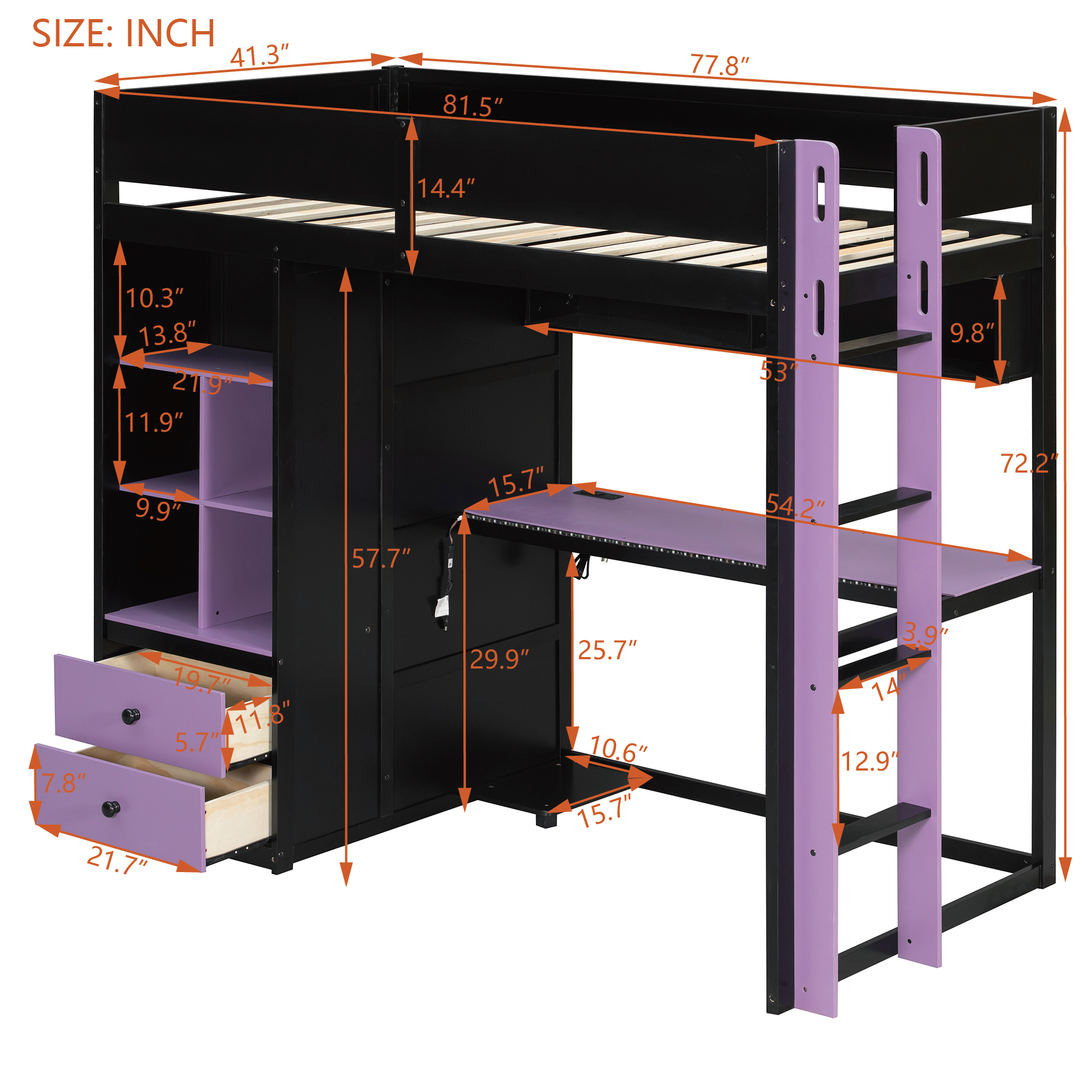 Twin Size Solid Wood Loft Bed with Desk, Storage Cabinet and Wardrobe