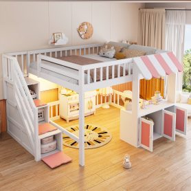 Full Size Loft Bed with Storage Steps, LED Light, Under Bed Cabinets