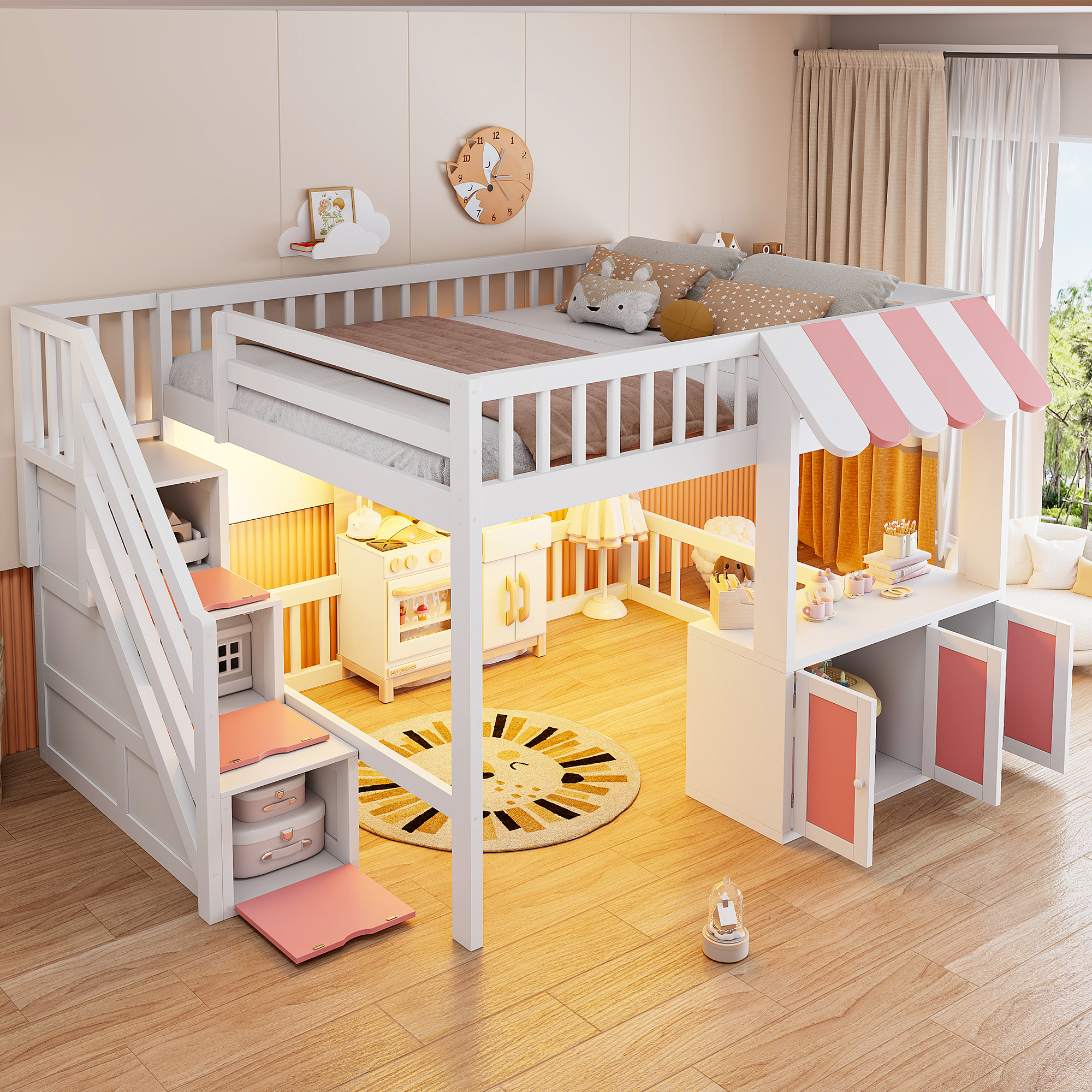 Full Size Loft Bed with Storage Steps, LED Light, Under Bed Cabinets