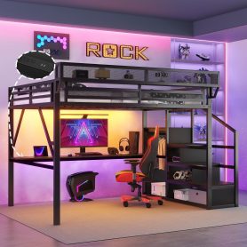 Metal Queen Size Loft Bed With Desk, Charging Station, Stairs And Light