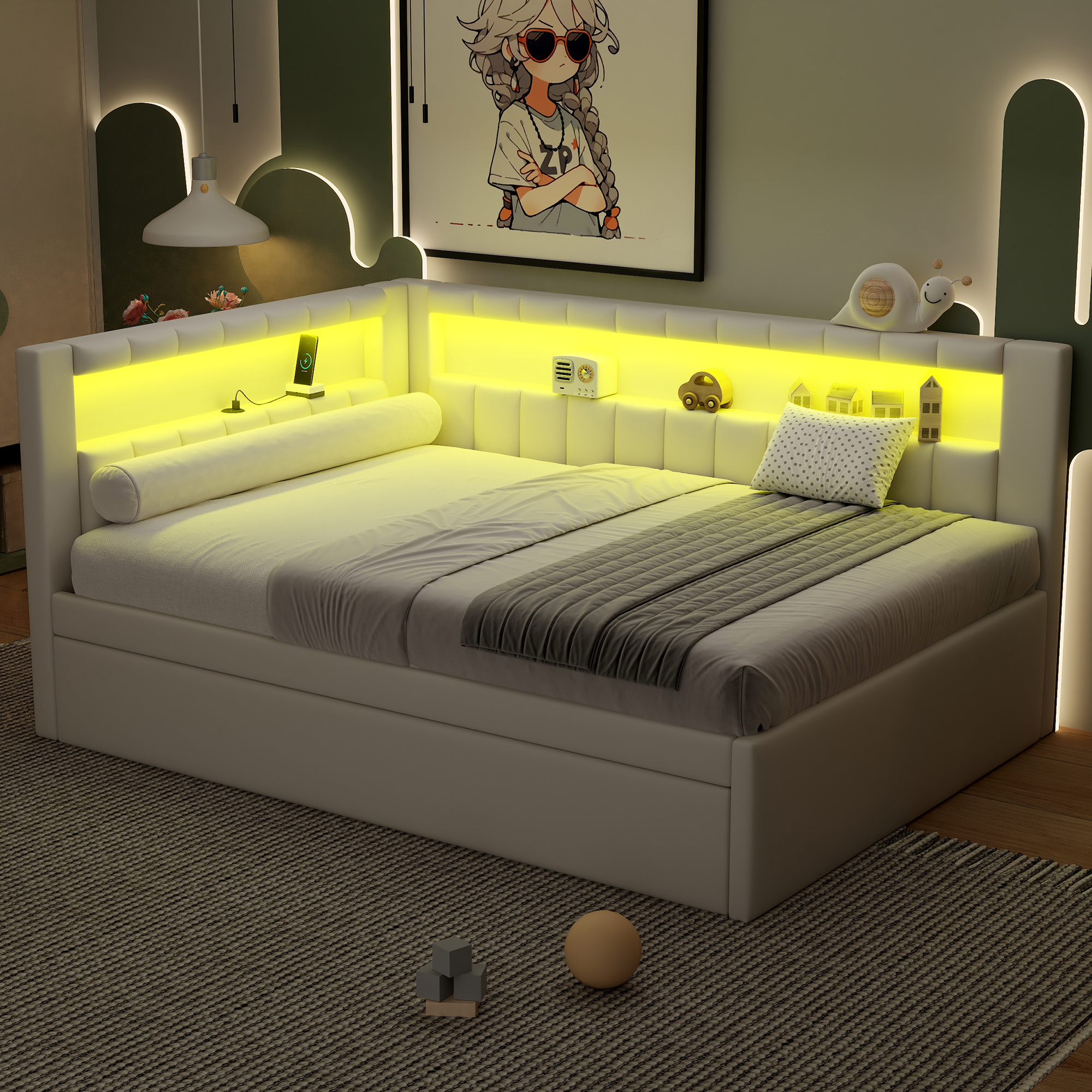 Upholstered Full Size Platform Bed with Trundle, USB Ports and LED Belt