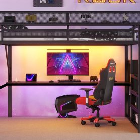 Metal Queen Size Loft Bed With Desk, Charging Station, Stairs And Light