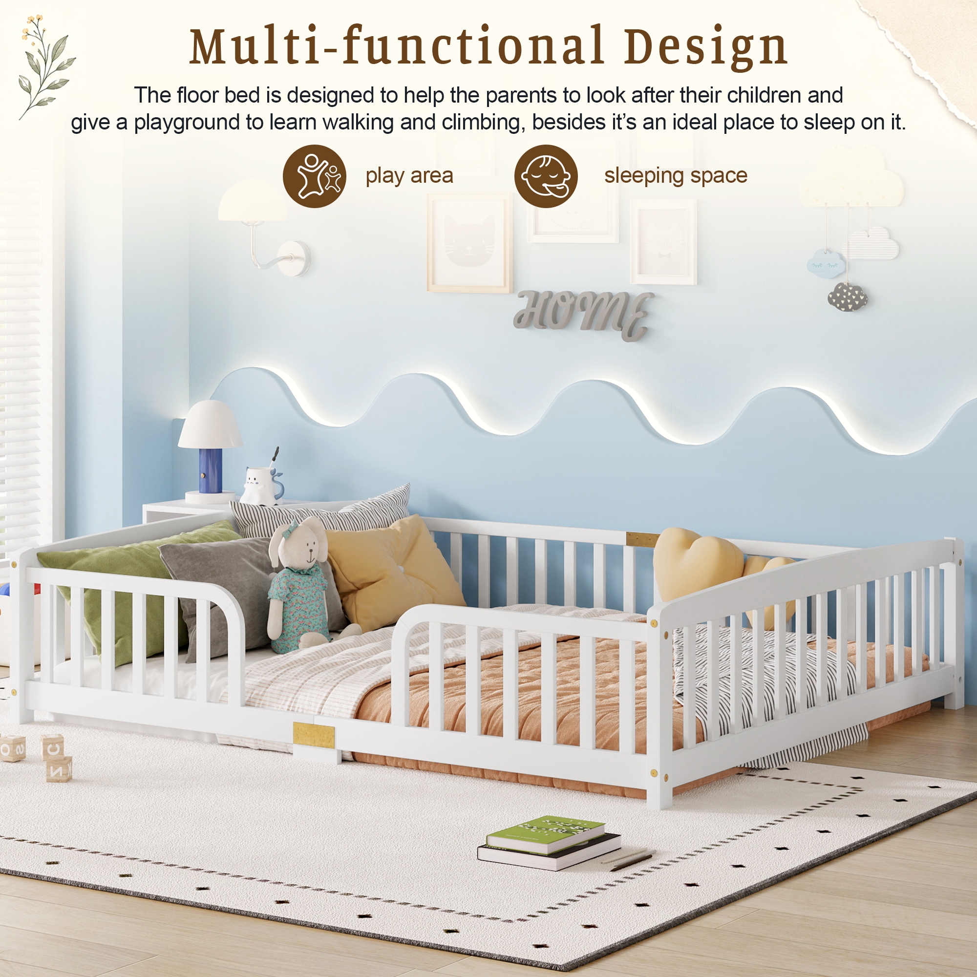 Queen Size Floor Fence Bed with Central Entrance