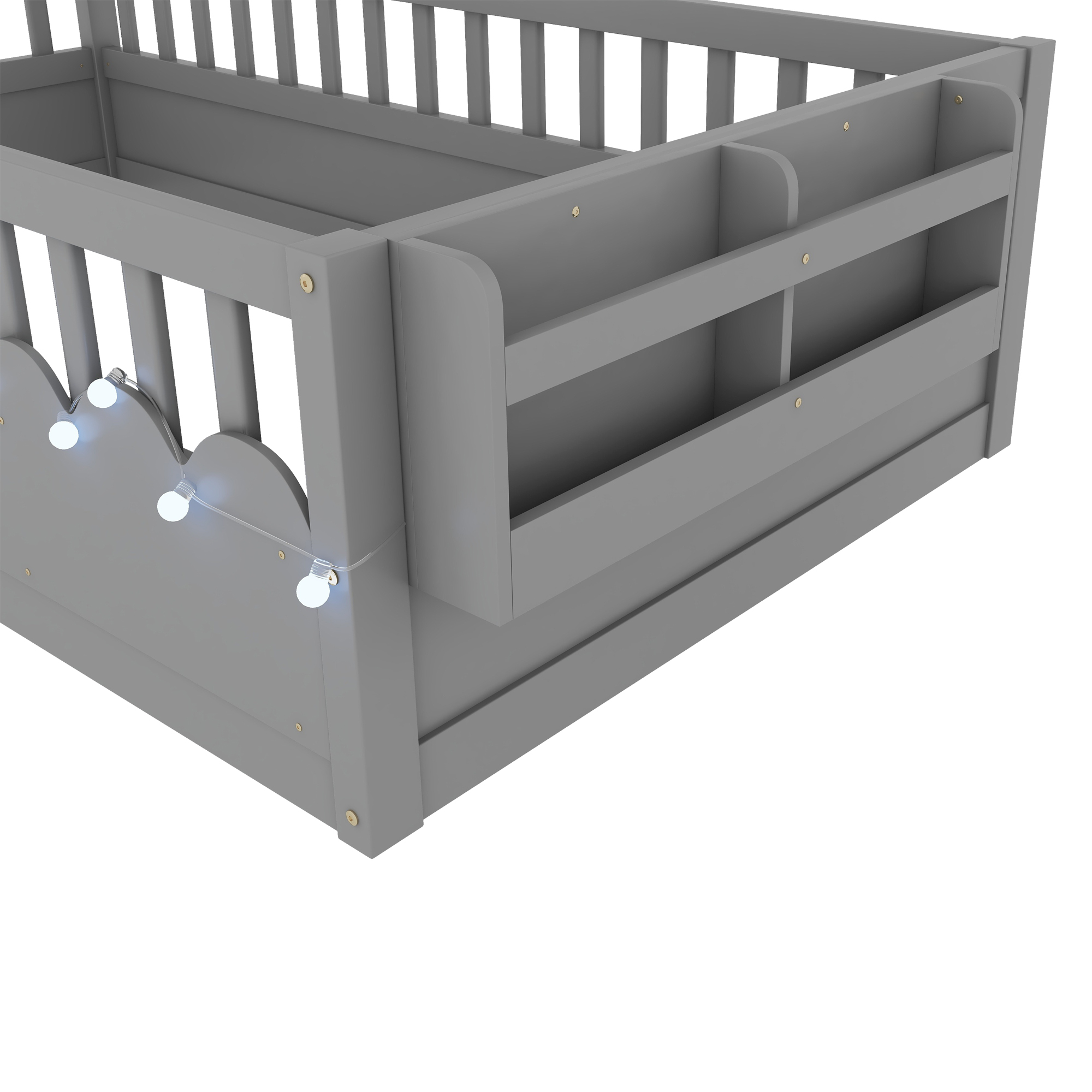 Twin Montessori Floor Bed with High Rails, Light And Storage Shelf