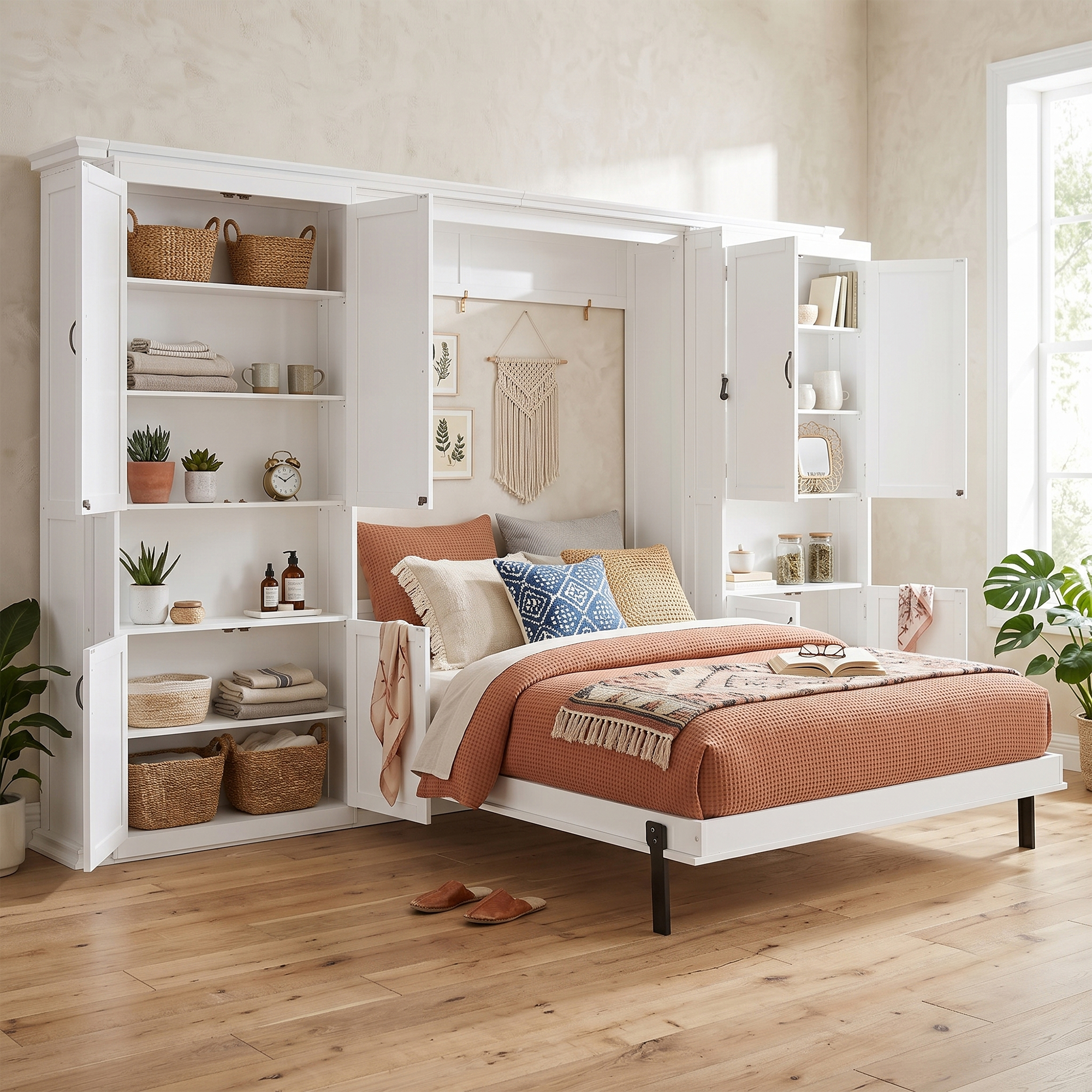 Queen-size Murphy Bed with Dual Sliding Storage Cabinets