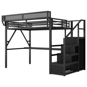 Metal Queen Size Loft Bed With Desk, Charging Station, Stairs And Light