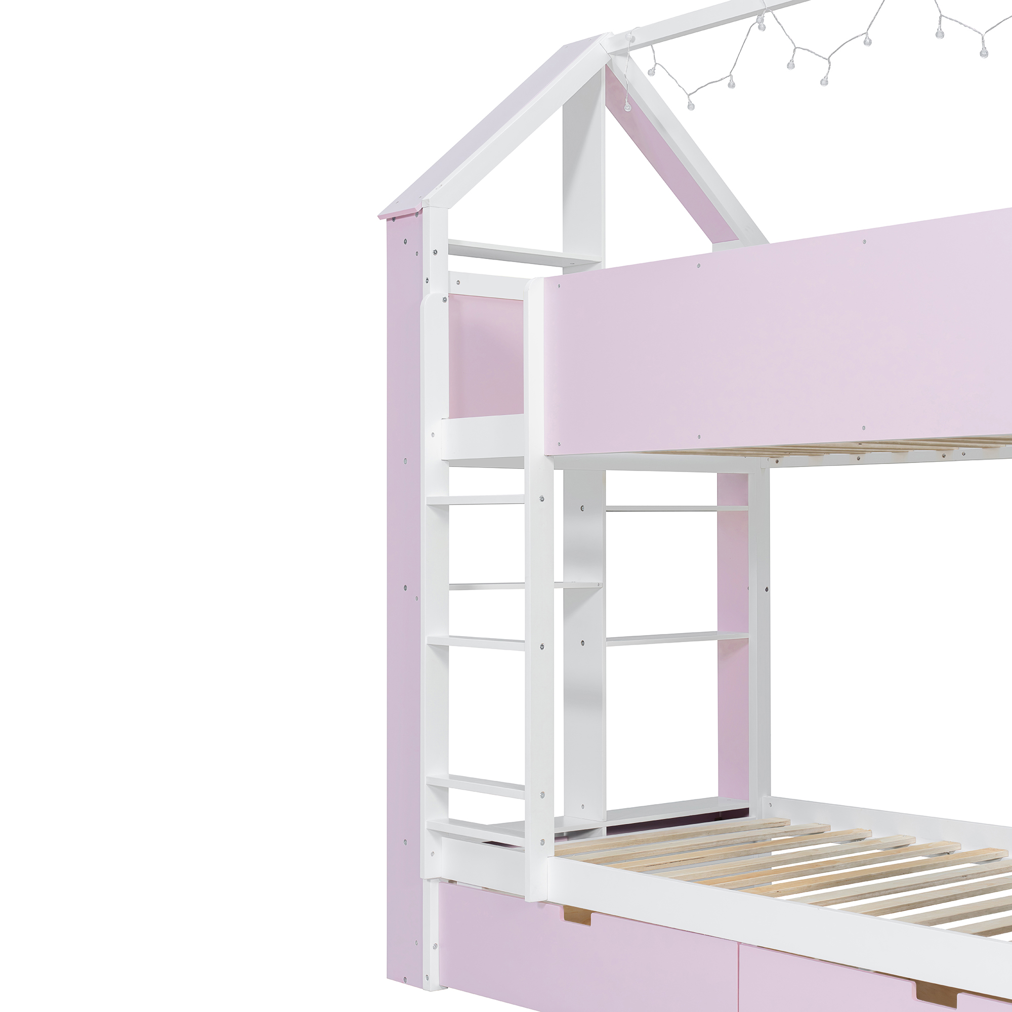 Twin Over Twin House Bed with Storage Drawers & Shelves
