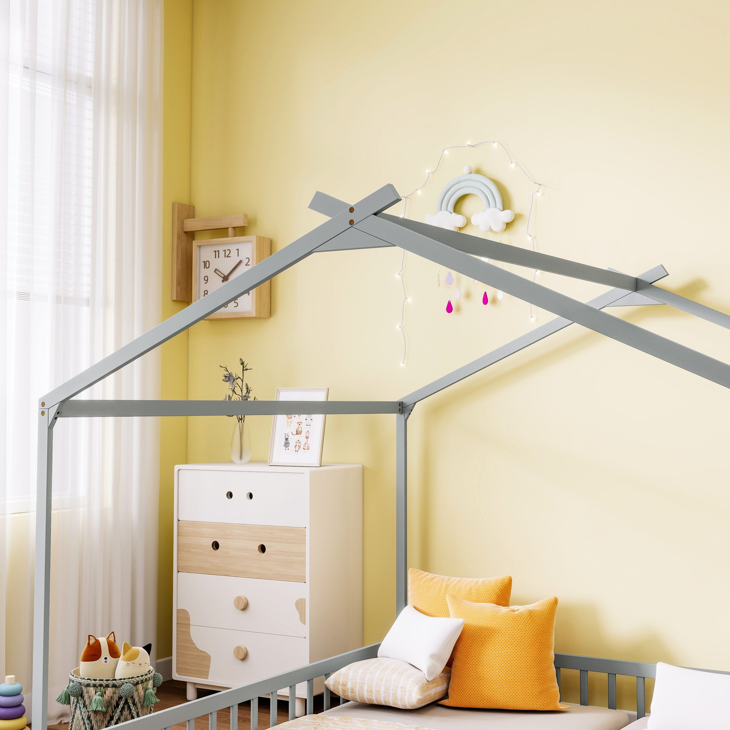 Double Twin House-Shaped Floor Bed with Safety Guardrails