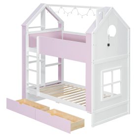 Twin Over Twin House Bed with Storage Drawers & Shelves