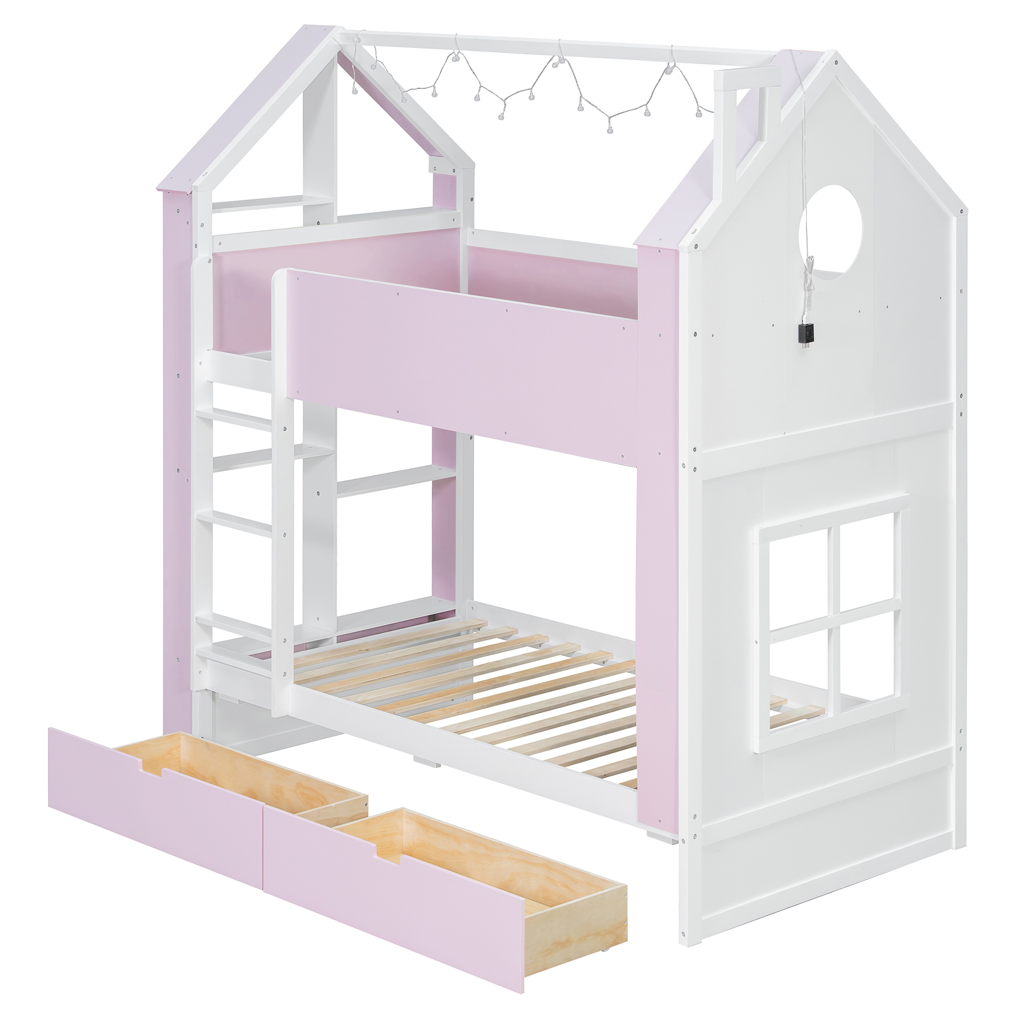 Twin Over Twin House Bed with Storage Drawers & Shelves
