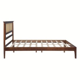 Queen Size Solid Wooden Bed with Rattan Headboard