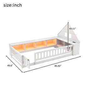 Twin Size Wood Floor Bed With Guardrail,  Storage Cabinets, LED, USB Port & Plug Outlets