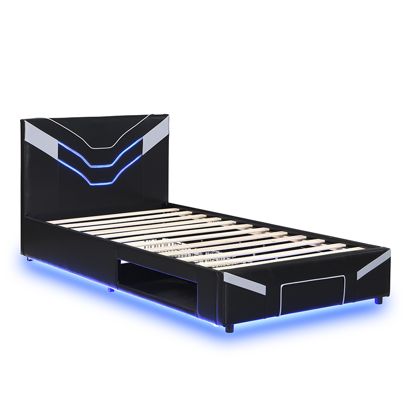 Twin Size Upholstered Gaming Bed Frame with LED Lights