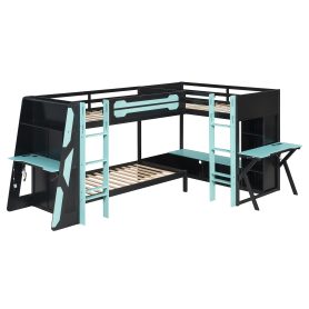 L-Shaped Wooden Twin Size Gaming Bed Frame with RGB LED Lights, USB Ports, TV Stand & Storage Shelves