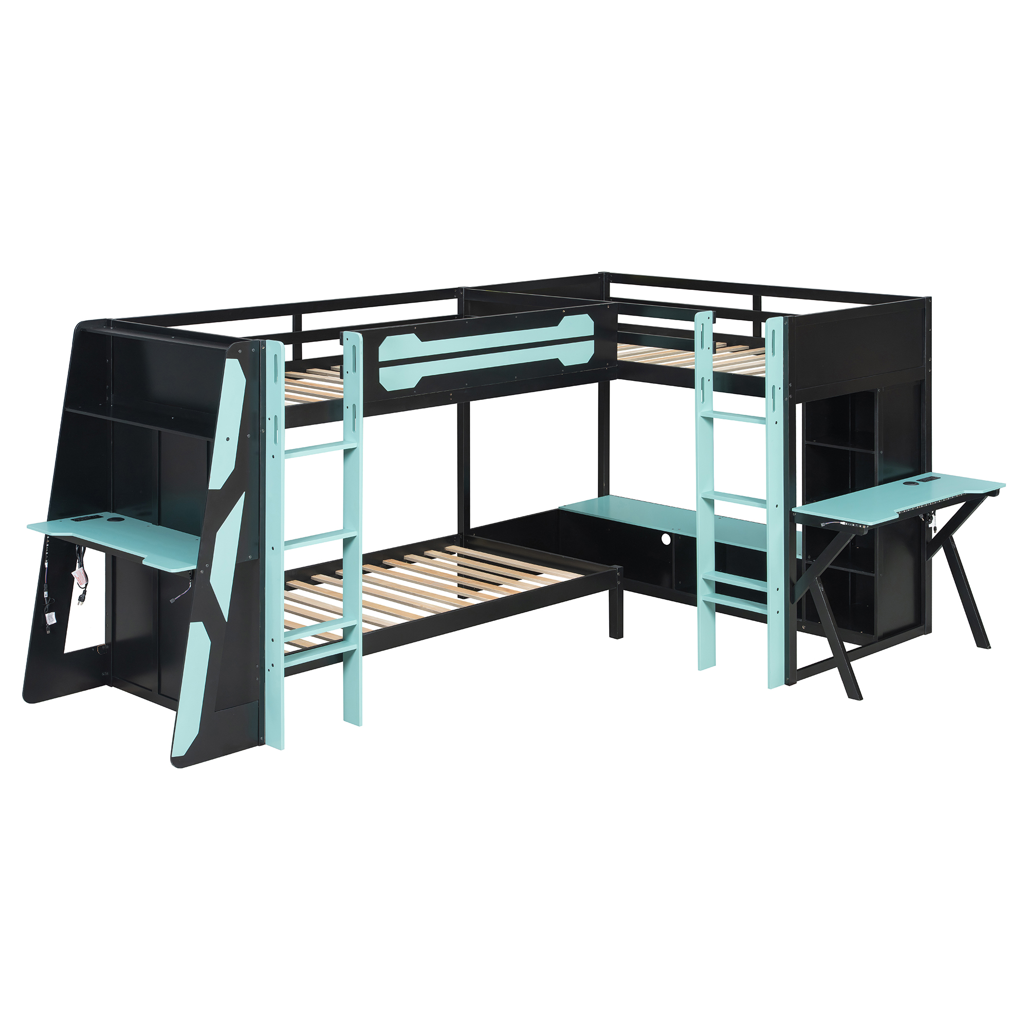 L-Shaped Wooden Twin Size Gaming Bed Frame with RGB LED Lights, USB Ports, TV Stand & Storage Shelves