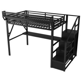 Metal Queen Size Loft Bed With Desk, Charging Station, Stairs And Light