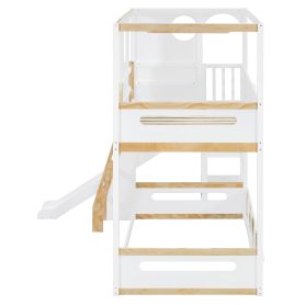 Twin Size Kids Loft Bed With Slide, Storage Shelves And Guardrails