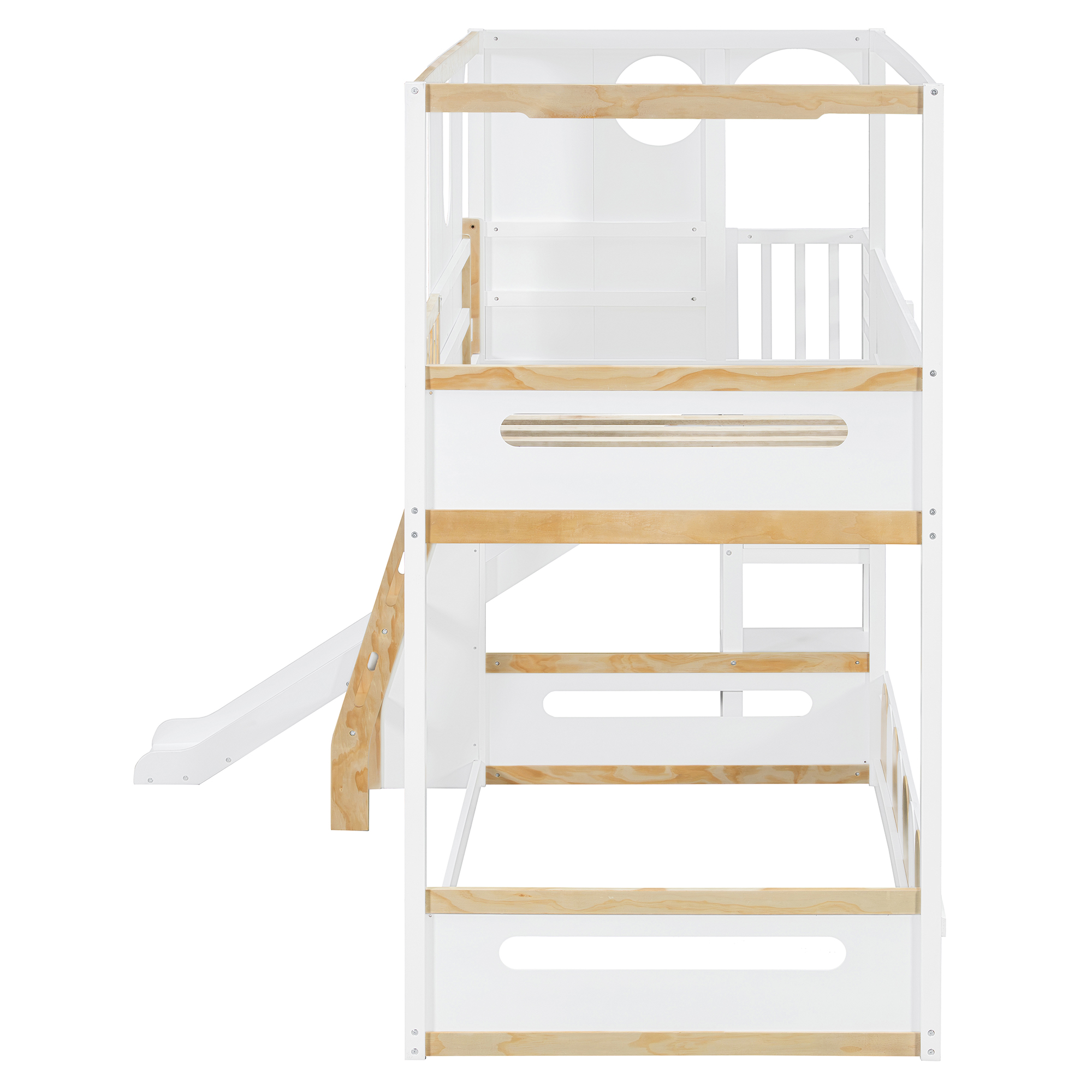 Twin Size Kids Loft Bed With Slide, Storage Shelves And Guardrails