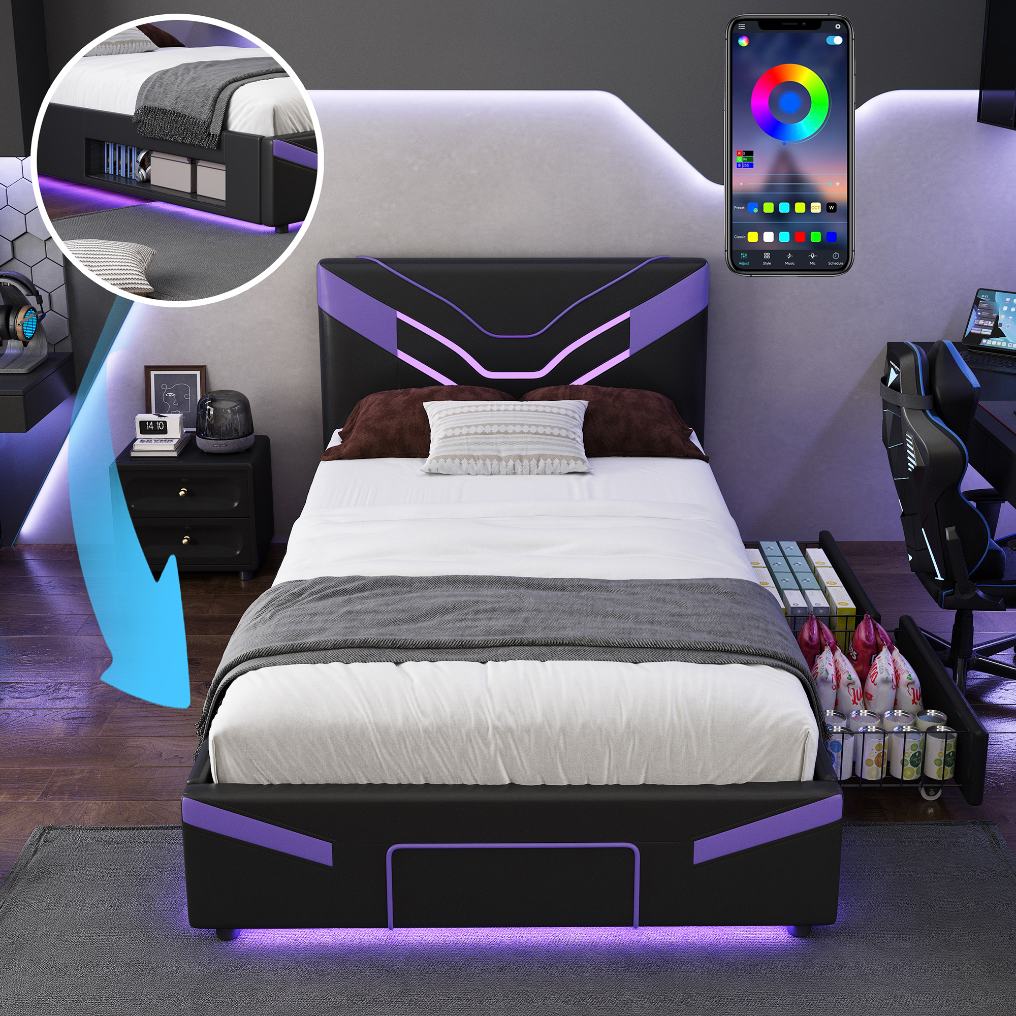 Twin Size Upholstered Gaming Bed Frame with LED Lights