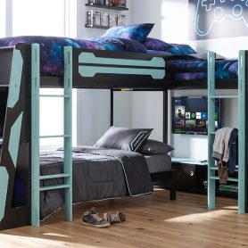 L-Shaped Wooden Twin Size Gaming Bed Frame with RGB LED Lights, USB Ports, TV Stand & Storage Shelves