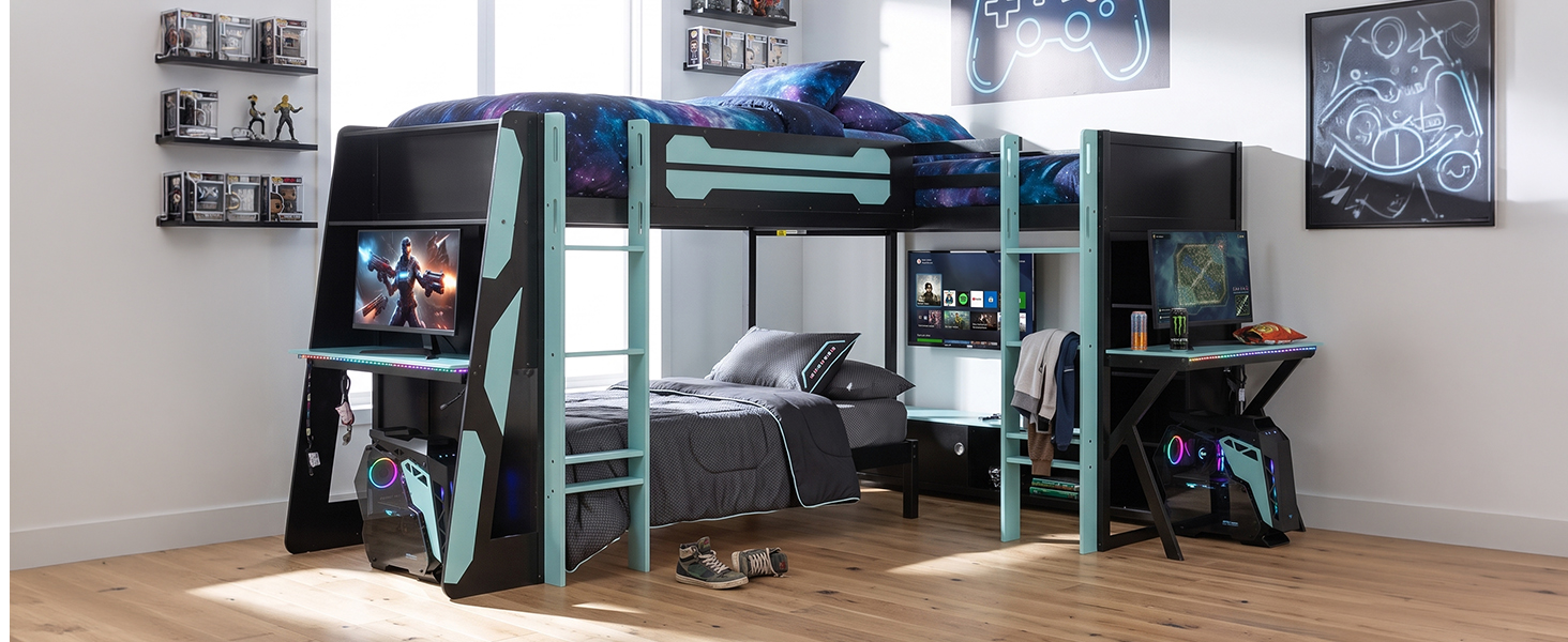 L-Shaped Wooden Twin Size Gaming Bed Frame with RGB LED Lights, USB Ports, TV Stand & Storage Shelves