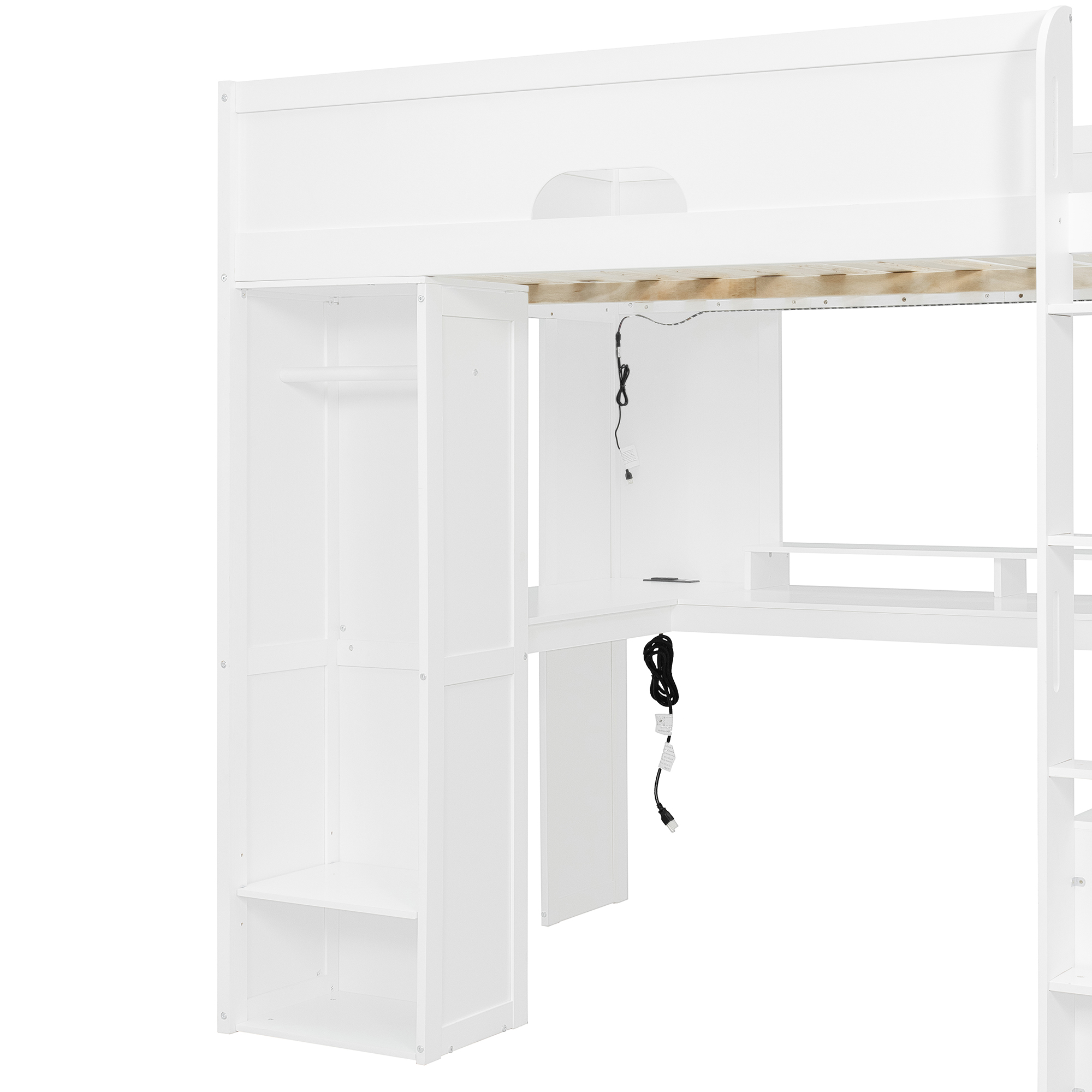 Full Size Solid Wood Loft Bed With L-Shaped Desk, Storage Cabinet and Wardrobe