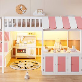 Full Size Loft Bed with Storage Steps, LED Light, Under Bed Cabinets