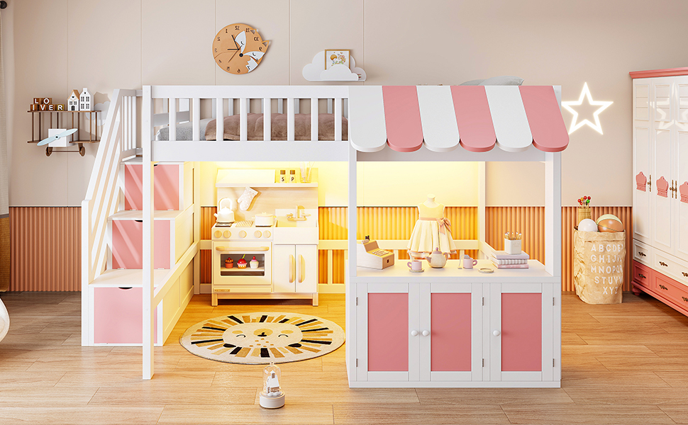 Full Size Loft Bed with Storage Steps, LED Light, Under Bed Cabinets