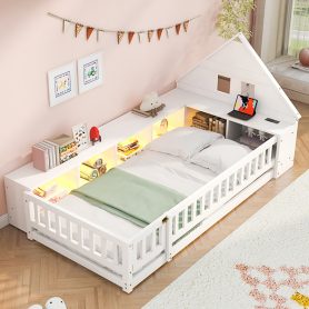 Twin Size Wood Floor Bed With Guardrail,  Storage Cabinets, LED, USB Port & Plug Outlets