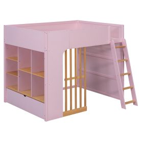 Full Size Wooden High Sleeper Loft Bed with Ladder and Storage Shelves