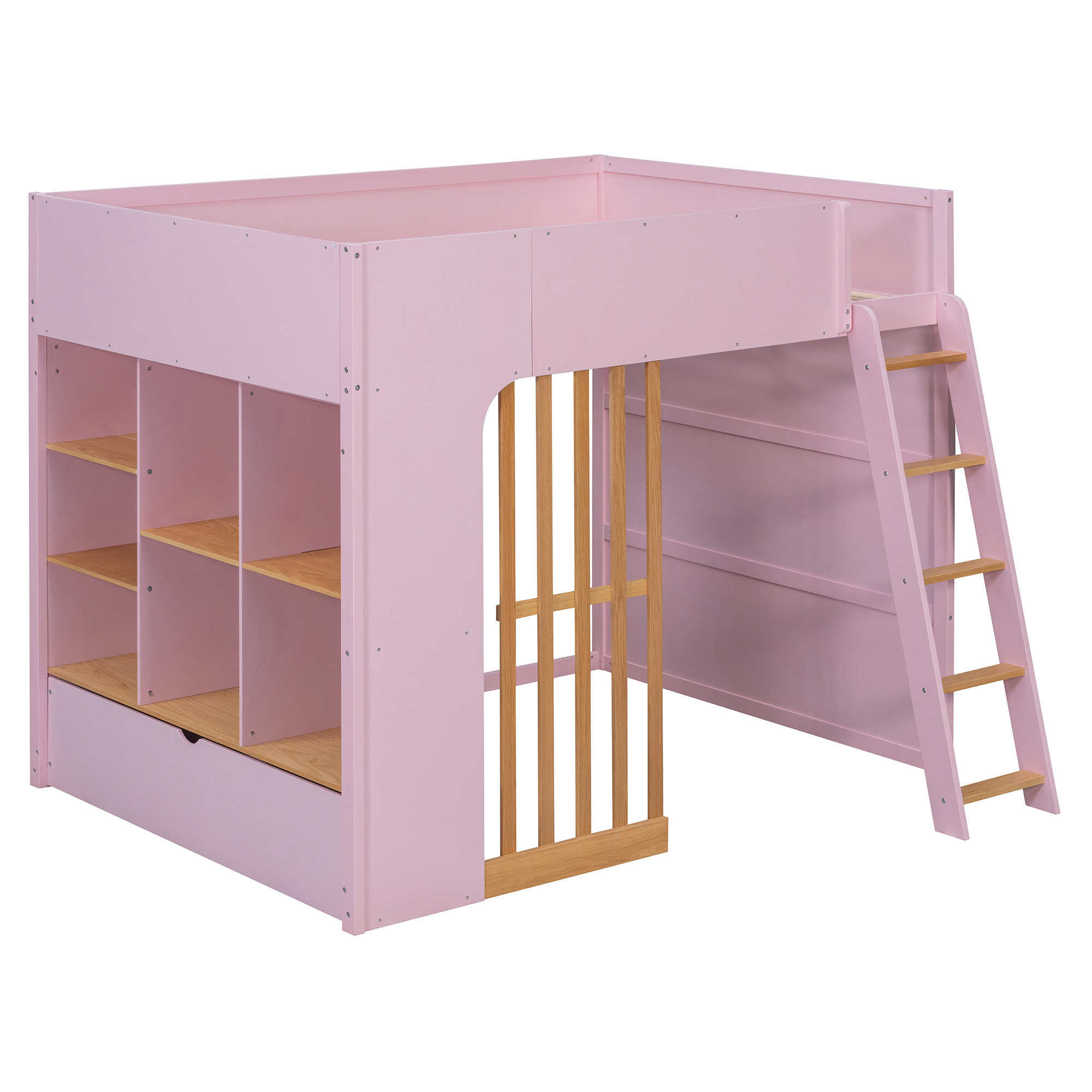Full Size Wooden High Sleeper Loft Bed with Ladder and Storage Shelves