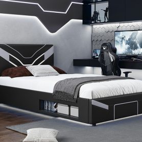 Twin Size Upholstered Gaming Bed Frame with LED Lights