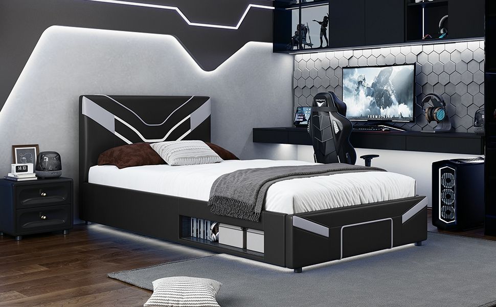 Twin Size Upholstered Gaming Bed Frame with LED Lights