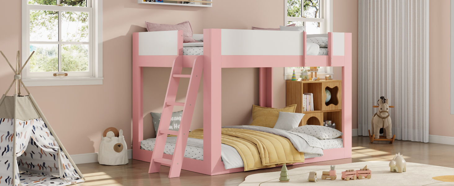 Full Size Low Convertible Bunk Bed With Reversible Ladder And Safety Guardrails
