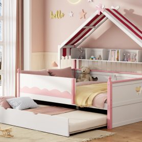 Full Size House-Shaped Daybed with Built-In Bookshelf and Trundle