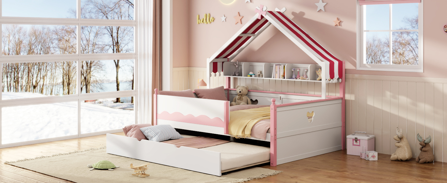 Full Size House-Shaped Daybed with Built-In Bookshelf and Trundle