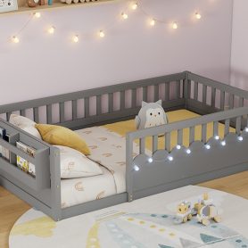 Twin Montessori Floor Bed with High Rails, Light And Storage Shelf