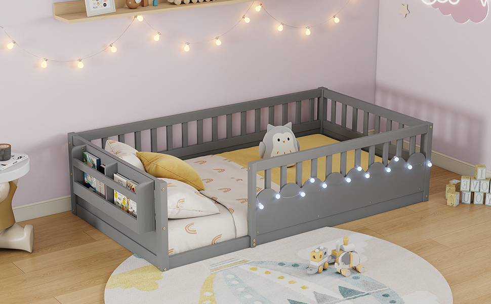 Twin Montessori Floor Bed with High Rails, Light And Storage Shelf