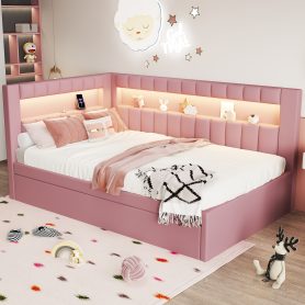 Upholstered Twin Size Platform Bed with Trundle, USB Ports and LED Belt