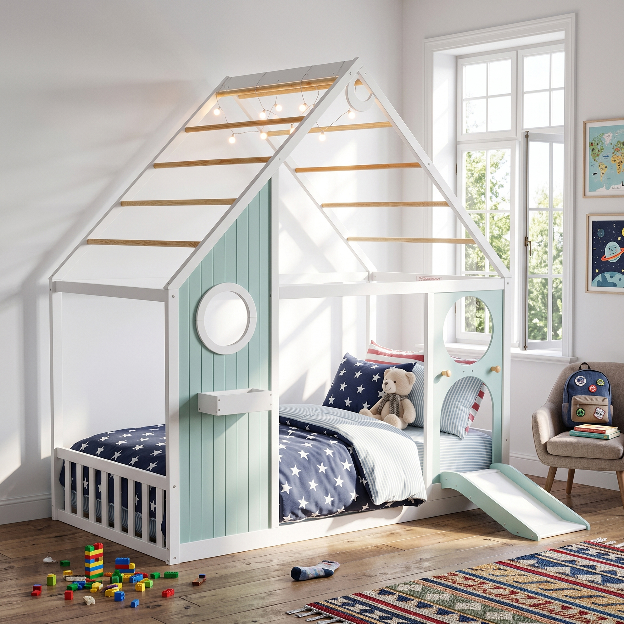 Wooden Playhouse Design Platform Bed with Front Panel and Slide