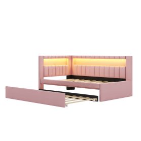 Upholstered Twin Size Platform Bed with Trundle, USB Ports and LED Belt