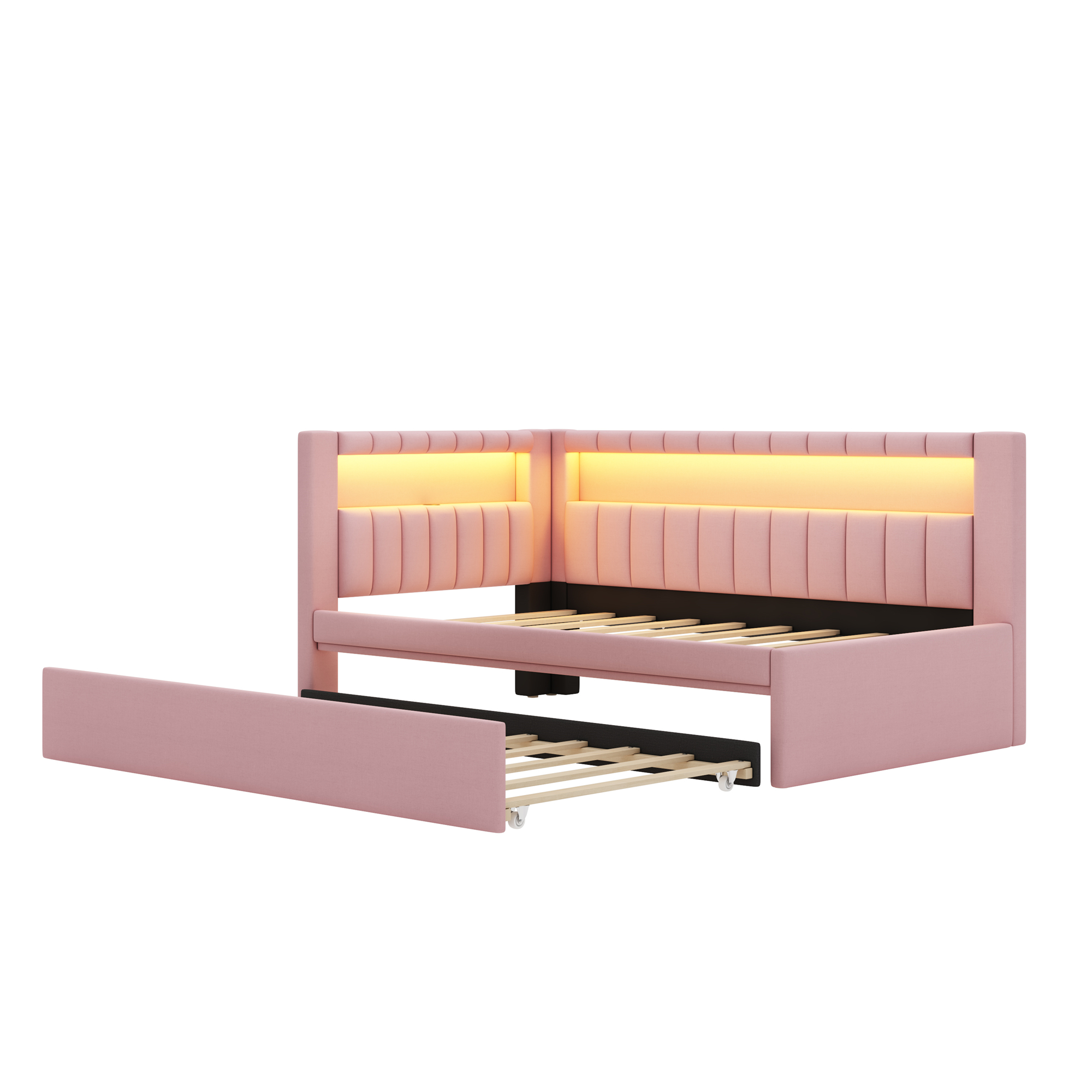 Upholstered Twin Size Platform Bed with Trundle, USB Ports and LED Belt