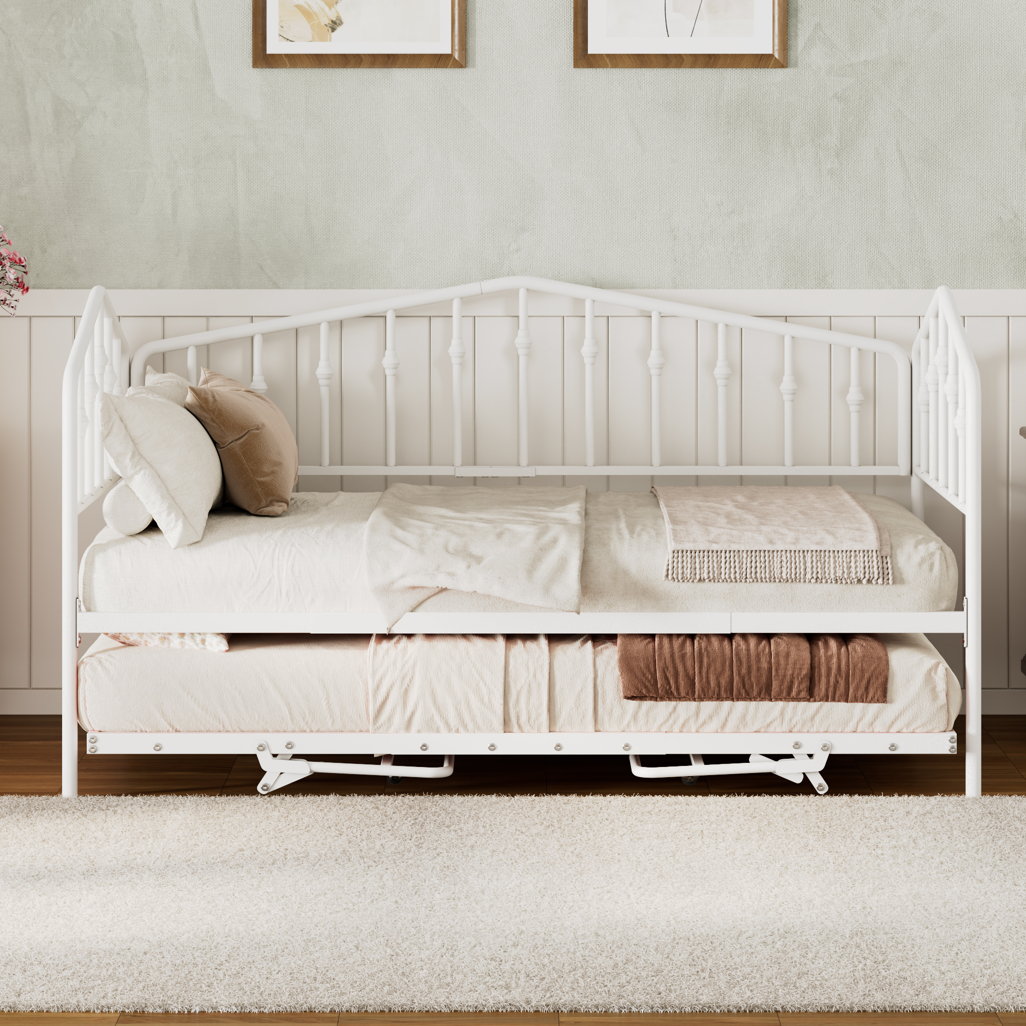 Twin Size Stylish Metal Daybed with Twin Size Adjustable Trundle