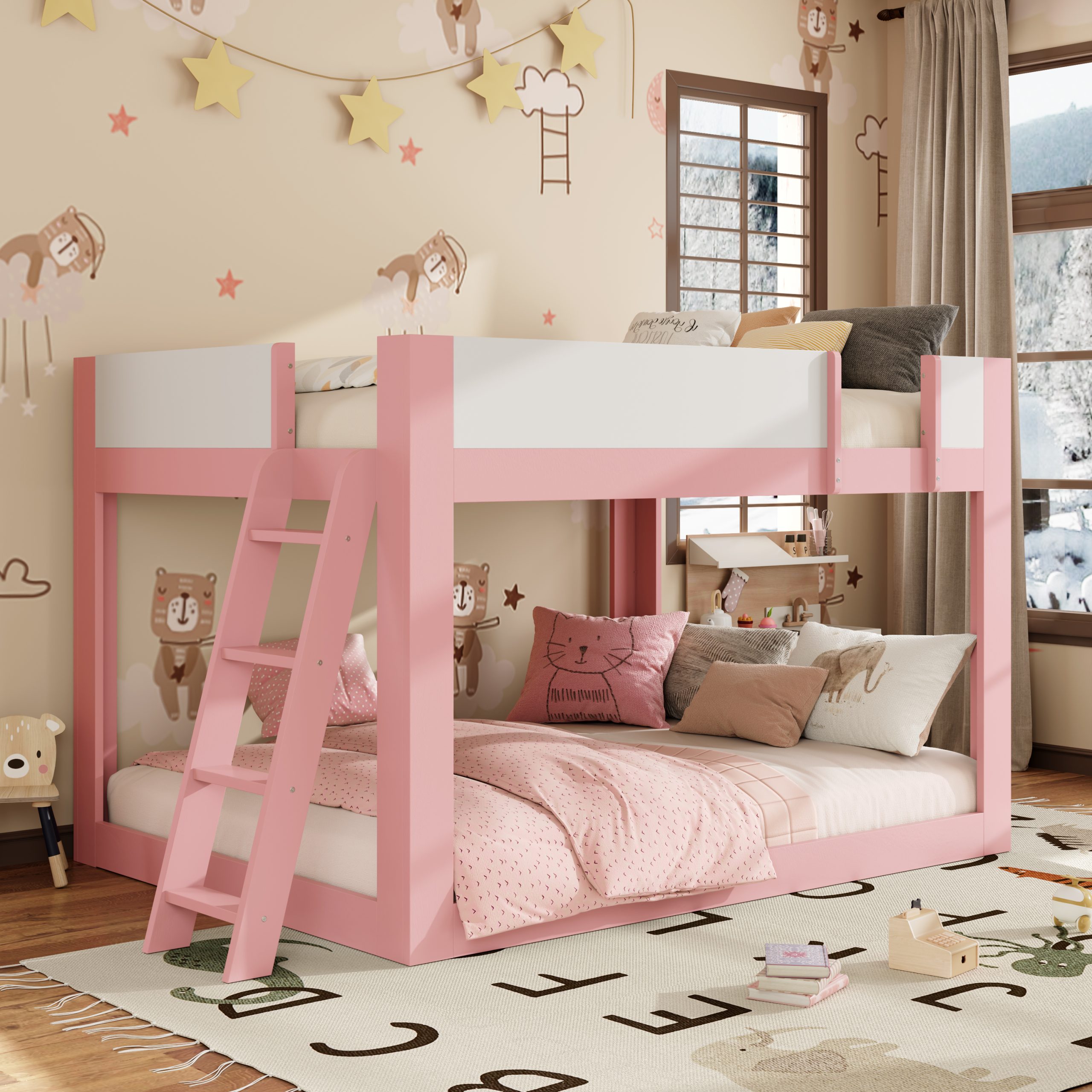 Queen Size Low Convertible Bunk Bed With Reversible Ladder And Safety Guardrails