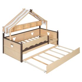 Twin Size House-Shaped Daybed with Built-In Bookshelf and Trundle